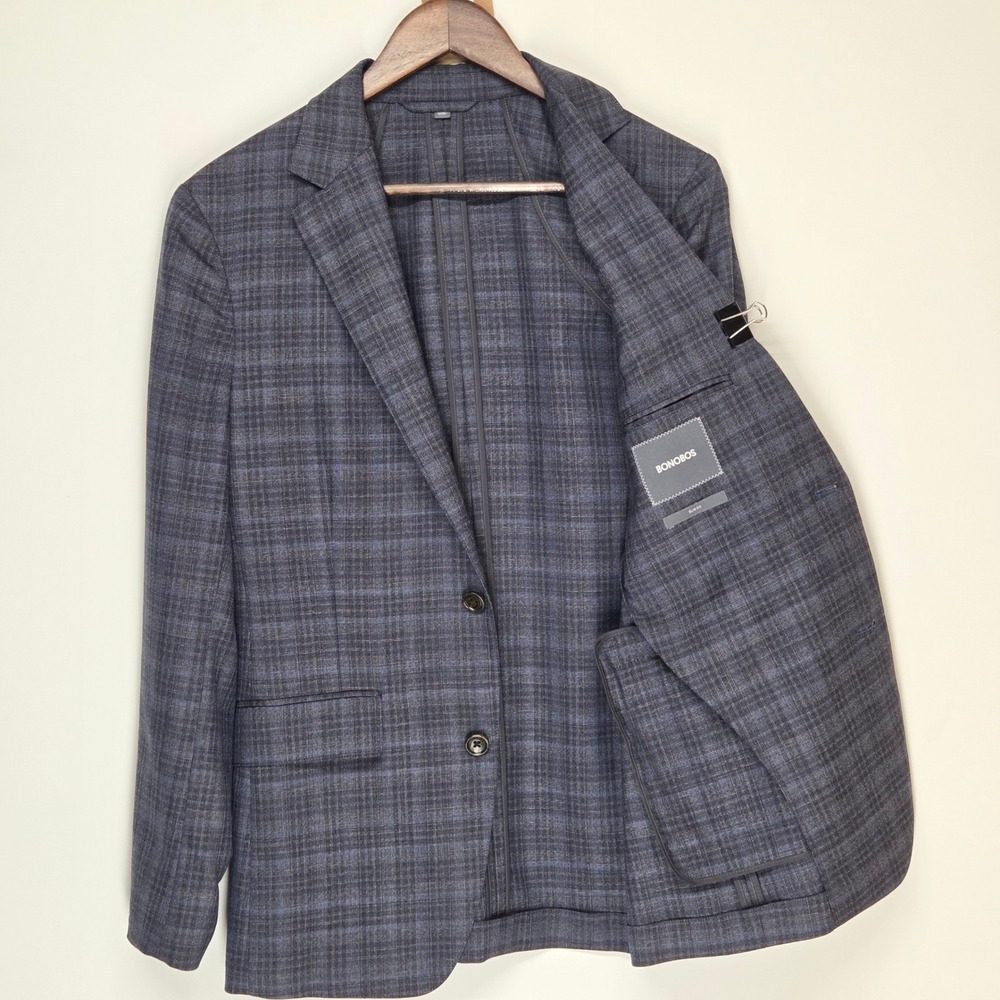 Bonobos 36R Blue Plaid Blazer Italian Super 100s Wool Notch Lapel Slim Fit